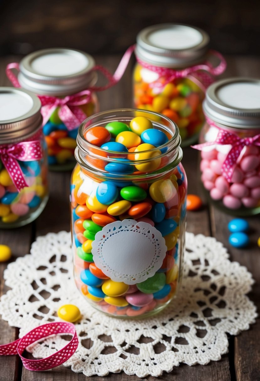 A mason jar filled with colorful candy sits atop a lace doily on a rustic wooden table, surrounded by smaller jars and decorative ribbons