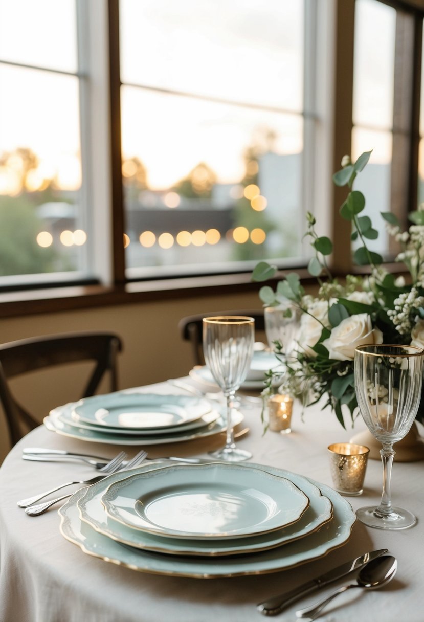 A table set with mismatched china, adorned with simple yet elegant wedding decorations