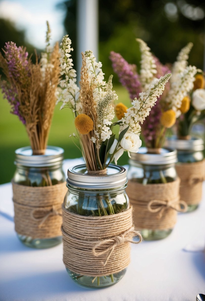 Mason jars wrapped in twine, adorned with dried flowers, arranged on a wedding table