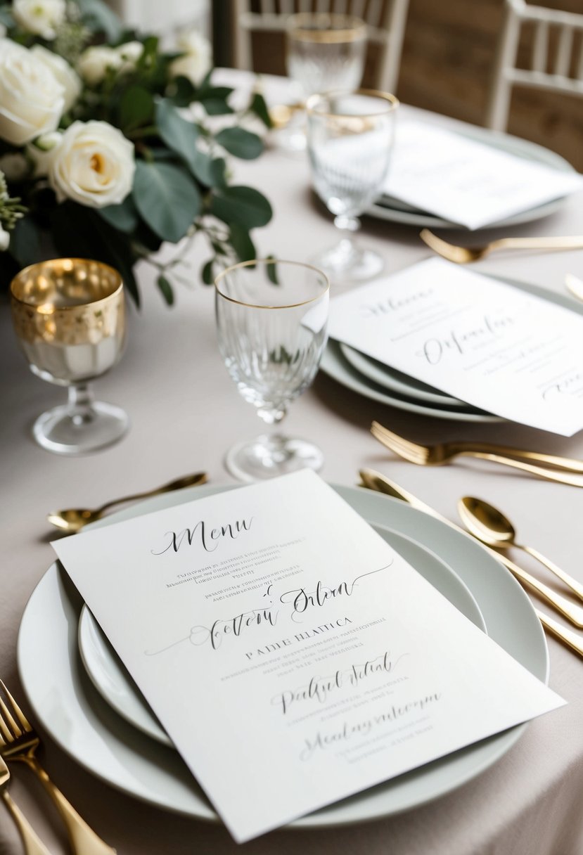 A table set with simple, elegant menu cards featuring elegant calligraphy, creating a sophisticated wedding decoration