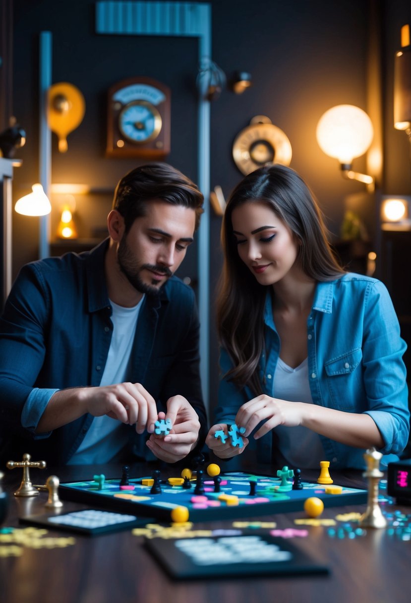 A couple solving puzzles in a dimly lit escape room, surrounded by mysterious objects and clues