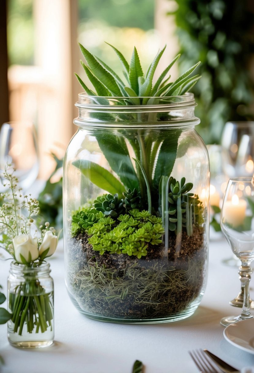 A lush terrarium fills a mason jar, nestled among delicate wedding table decorations