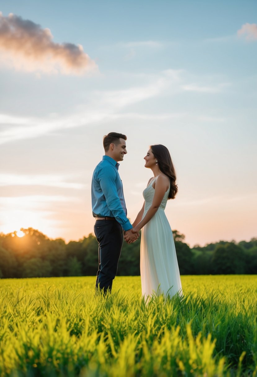 A couple standing in a lush green field, holding hands and gazing into each other's eyes, with the sun setting in the background