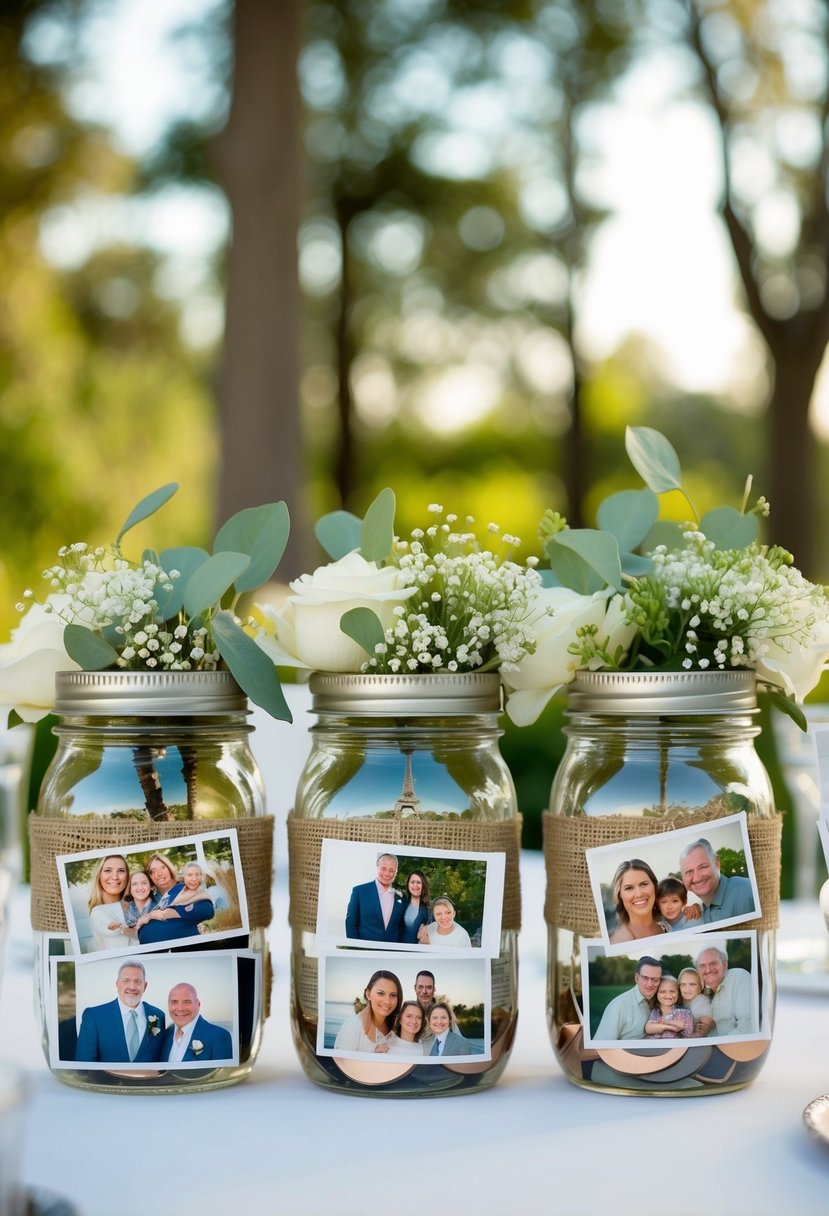 Mason jars filled with family photos arranged as wedding table decorations