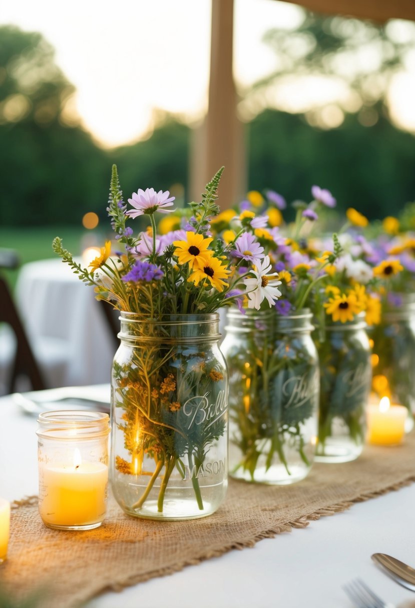 Mason jars filled with wildflowers sit atop burlap table runners, surrounded by flickering candlelight