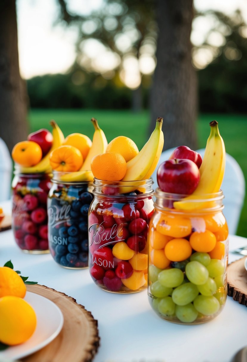 Mason jars filled with colorful seasonal fruits arranged on a wedding table