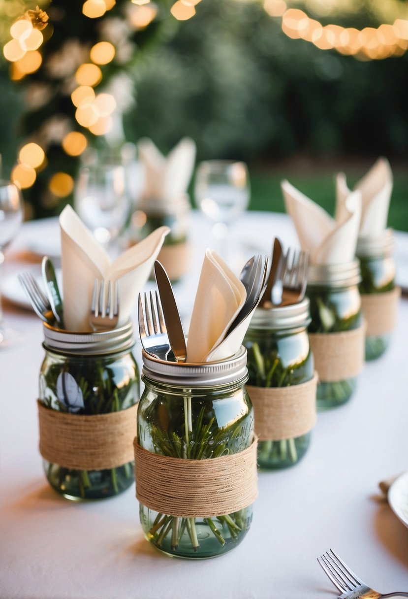 Mason jars filled with utensils and napkins, arranged as table decorations for a wedding