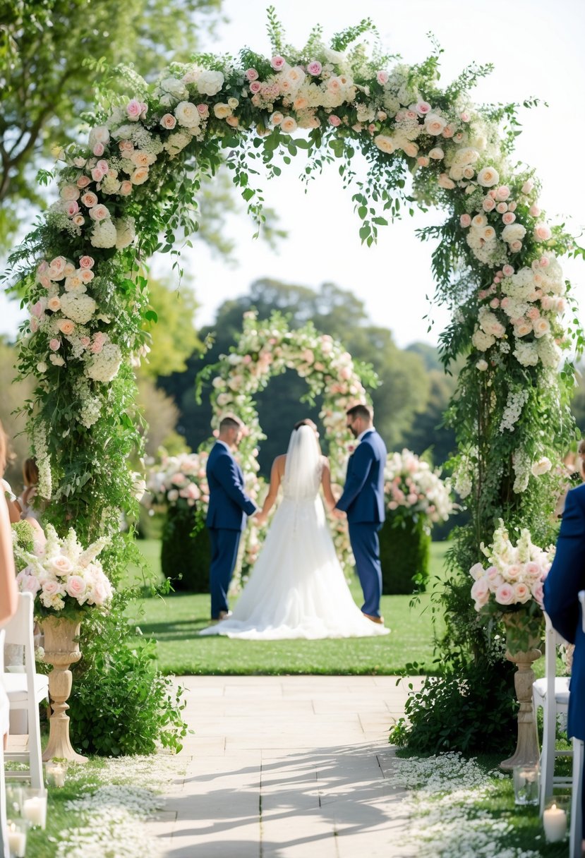 A lush floral archway frames an outdoor wedding ceremony, with cascading greenery and delicate blooms in soft pastel hues