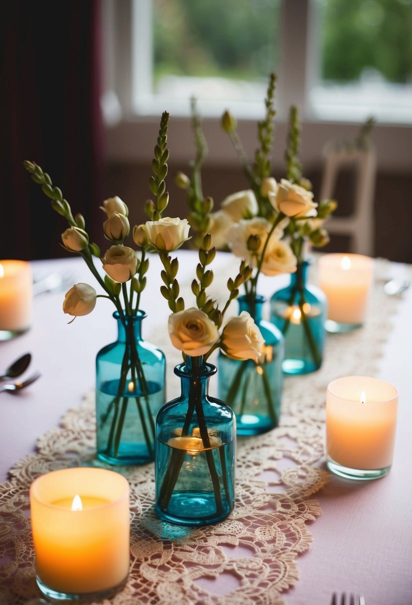 Bud vases arranged on lace table runners with soft candlelight