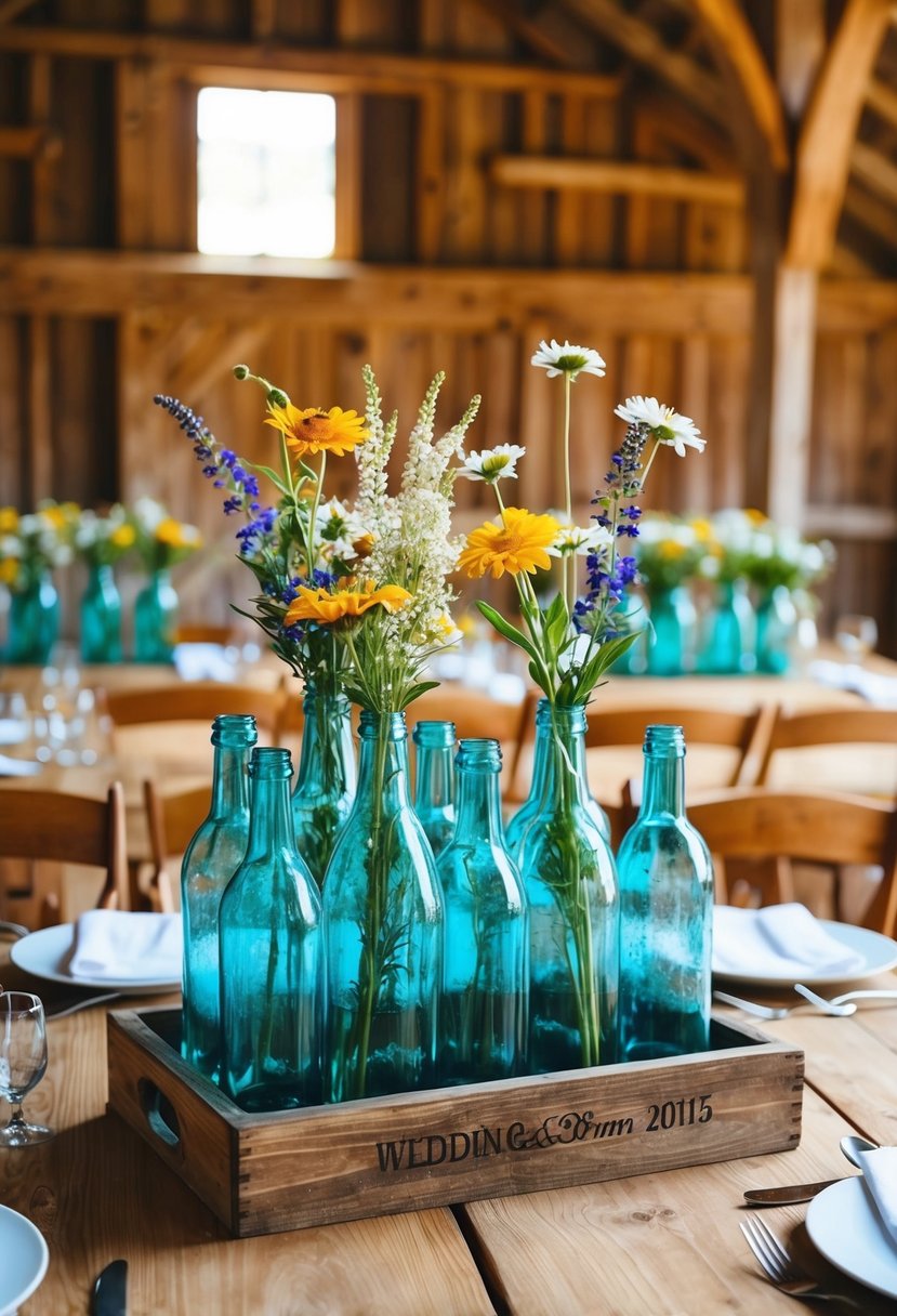 Glass bottles arranged with wildflowers on wooden tables in a sunlit barn for rustic wedding decor