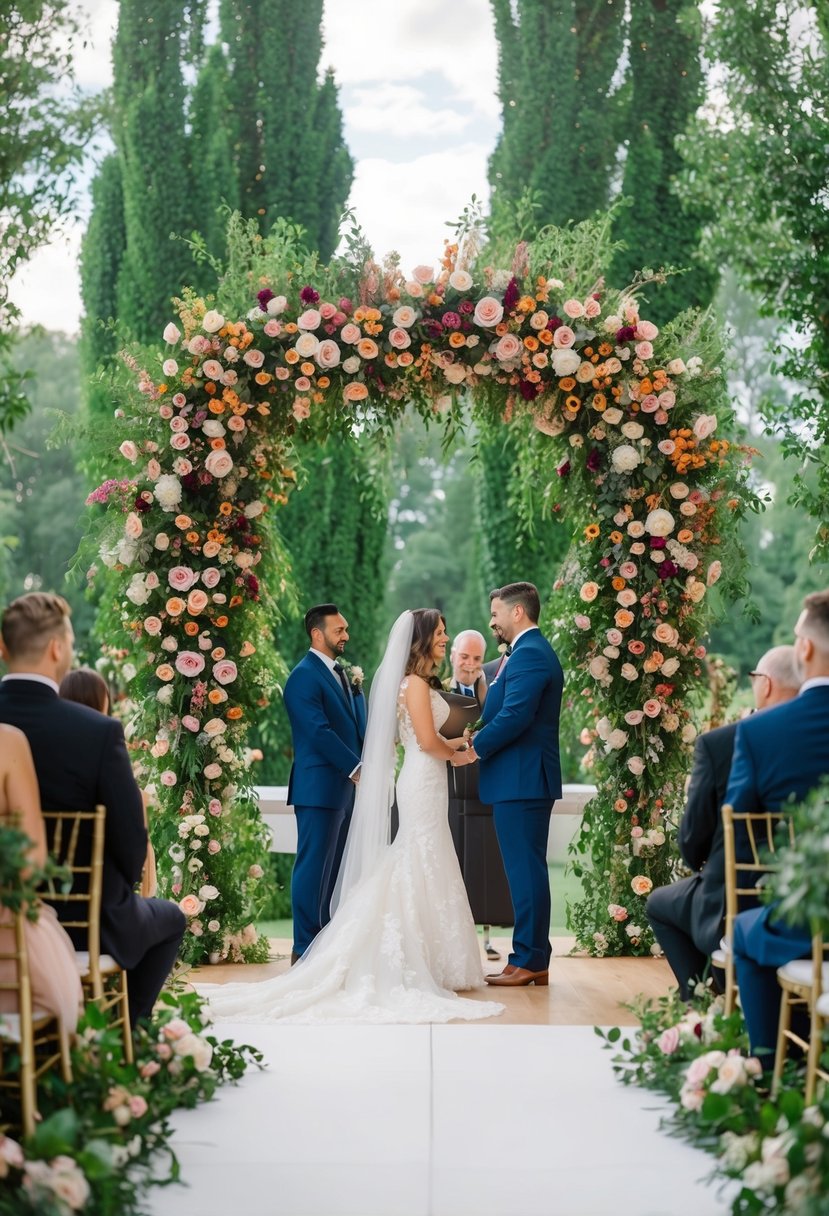 A grand floral arch towers above the wedding ceremony, adorned with cascading blooms in rich hues and lush greenery