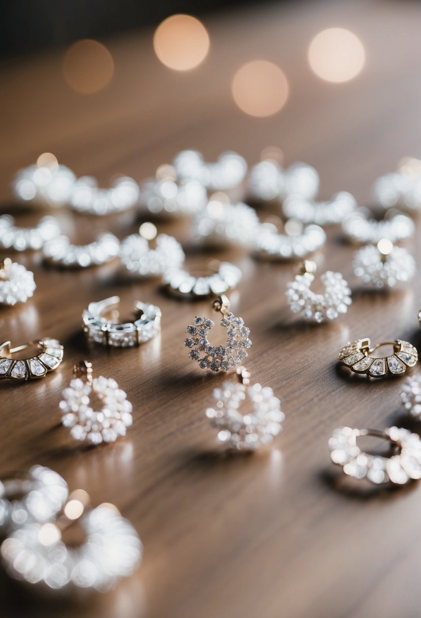 A table scattered with delicate, sparkling wedding earring designs