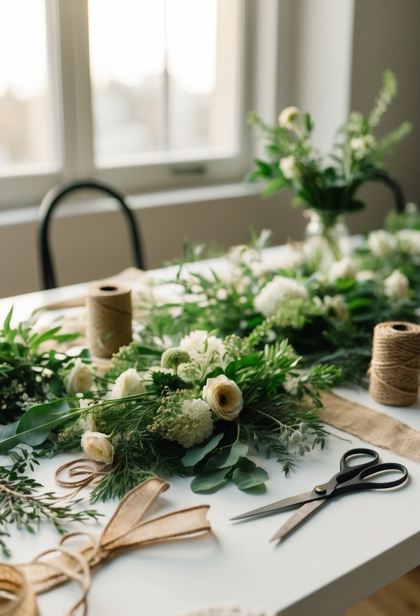 A table scattered with fresh flowers, greenery, and twine. Scissors and ribbon lay nearby. A soft, natural light filters through the window, casting a warm glow on the materials