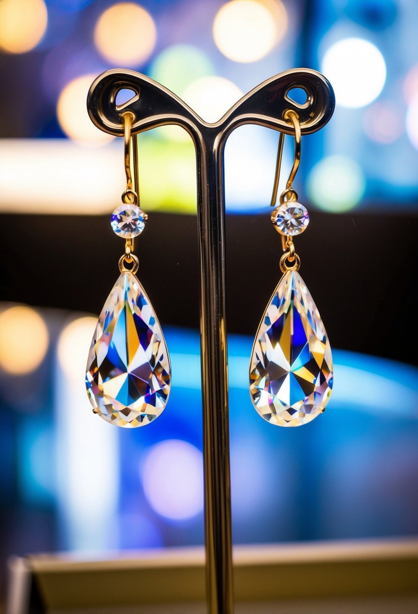 Two sparkling teardrop crystal earrings dangle from a display stand, catching the light and casting colorful reflections around the room