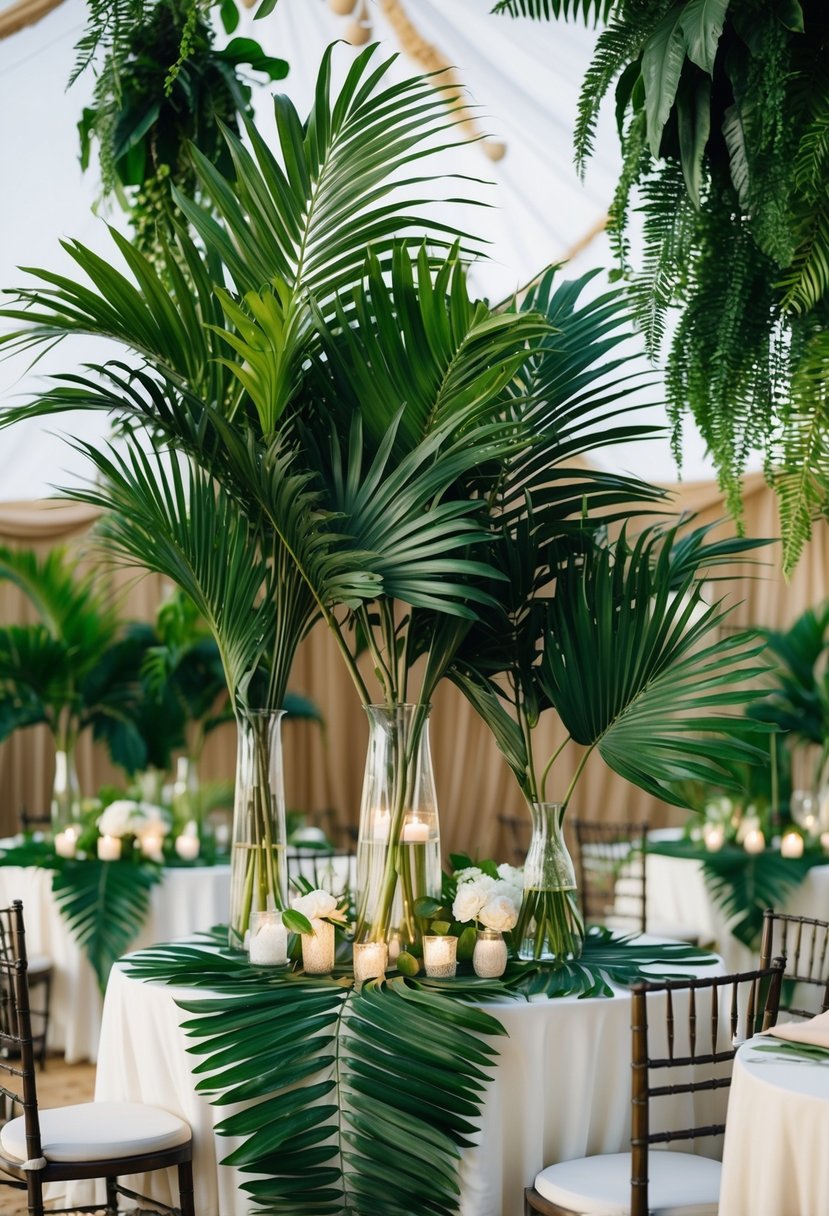 Palm leaves arranged in vases, draped over tables, and hanging from the ceiling, creating a lush tropical atmosphere for a wedding