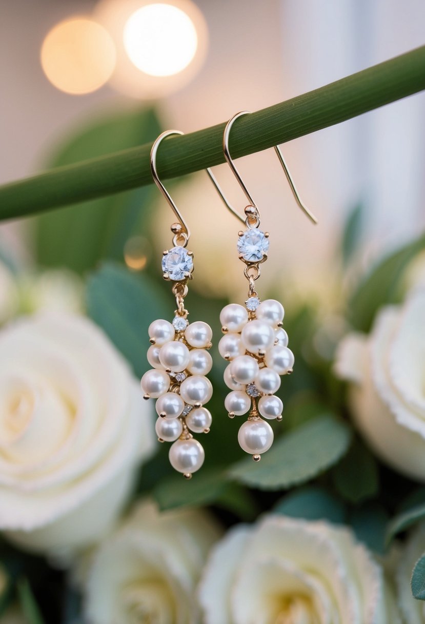 A pair of elegant pearl cluster drop earrings suspended from a delicate hook, catching the light at a romantic wedding reception