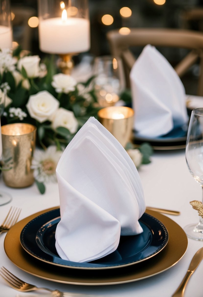 A tablescape with folded napkins in wedding decor