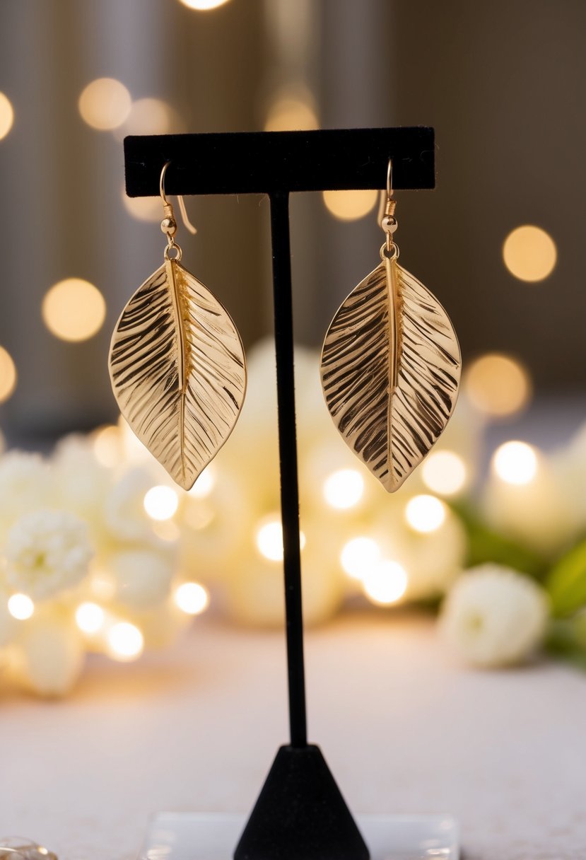 A pair of delicate gold leaf drop earrings hanging from a display stand, surrounded by soft, romantic lighting