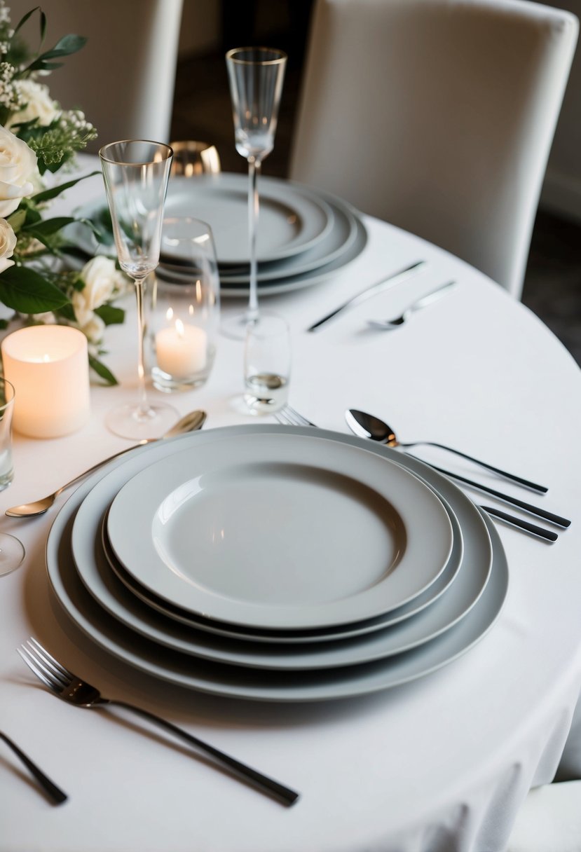 A sleek table set with modern, minimalist flatware and elegant dinnerware, accented with subtle metallic details for a chic wedding decor