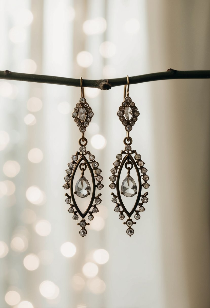 A pair of vintage-style chandelier earrings dangle elegantly against a soft, romantic backdrop, evoking a sense of timeless beauty and sophistication