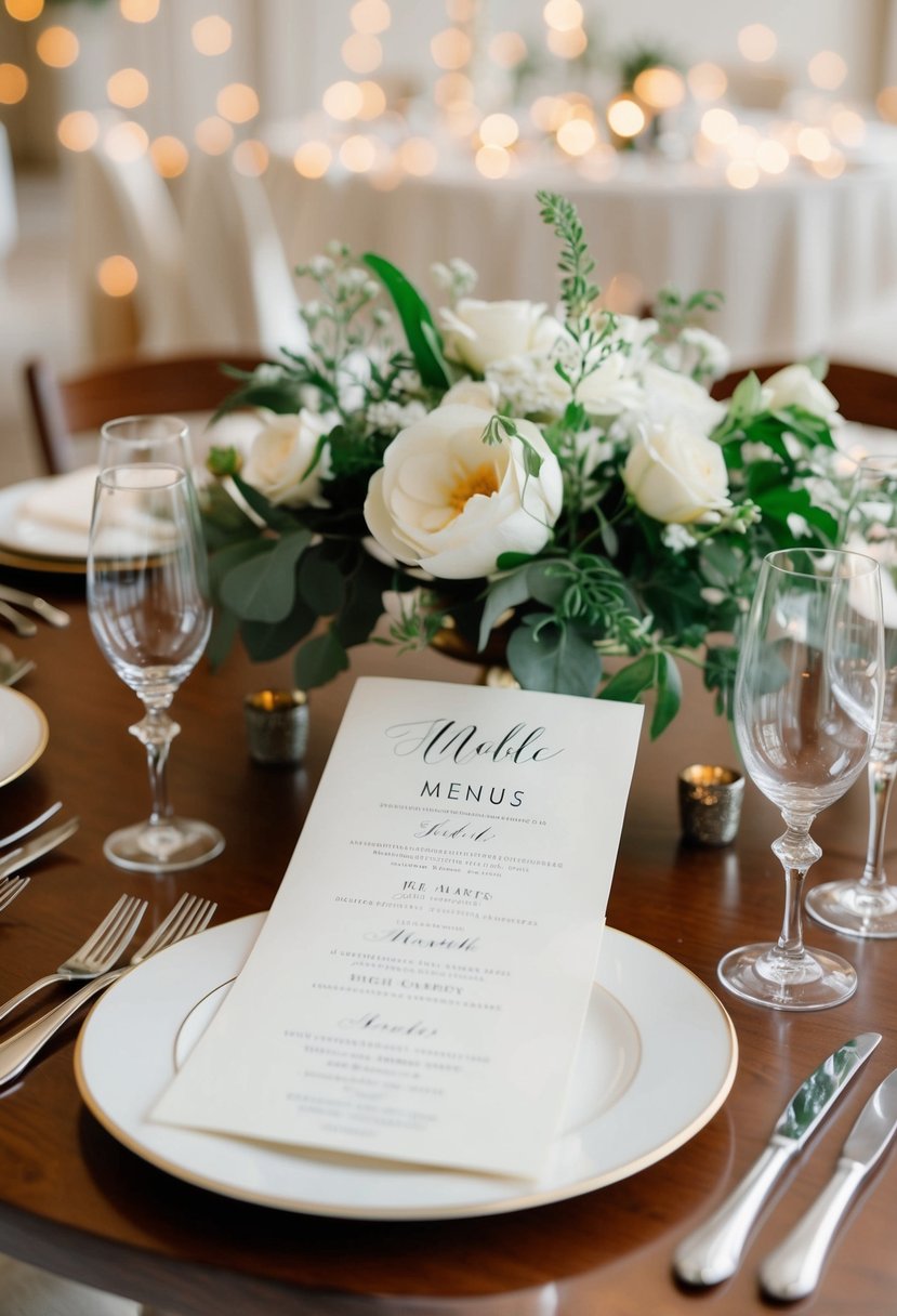 A table set with elegant wedding menus and personalized decor