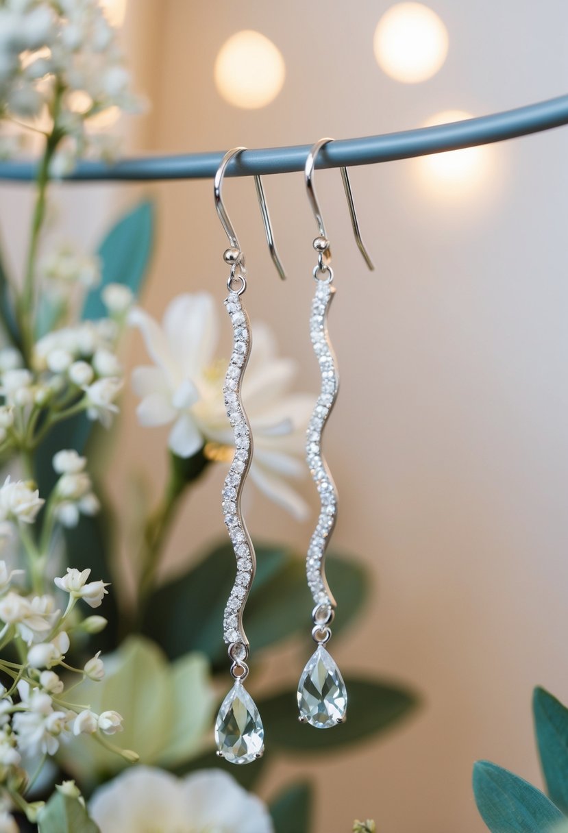 A pair of sparkling crystal vine drop earrings hanging from a display, surrounded by delicate floral arrangements and soft lighting