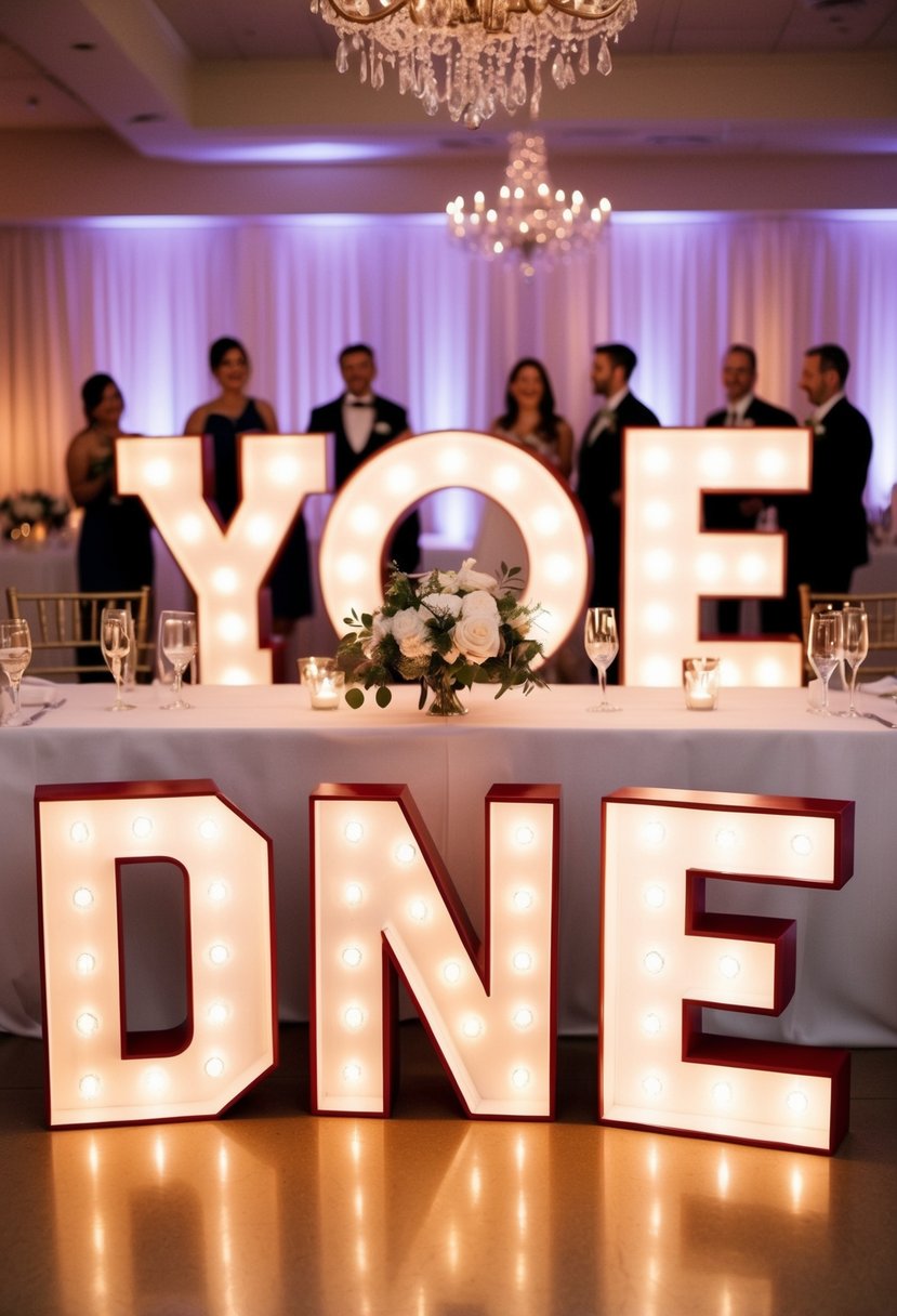 A wedding reception with marquee letters as decor, positioned for photo ops