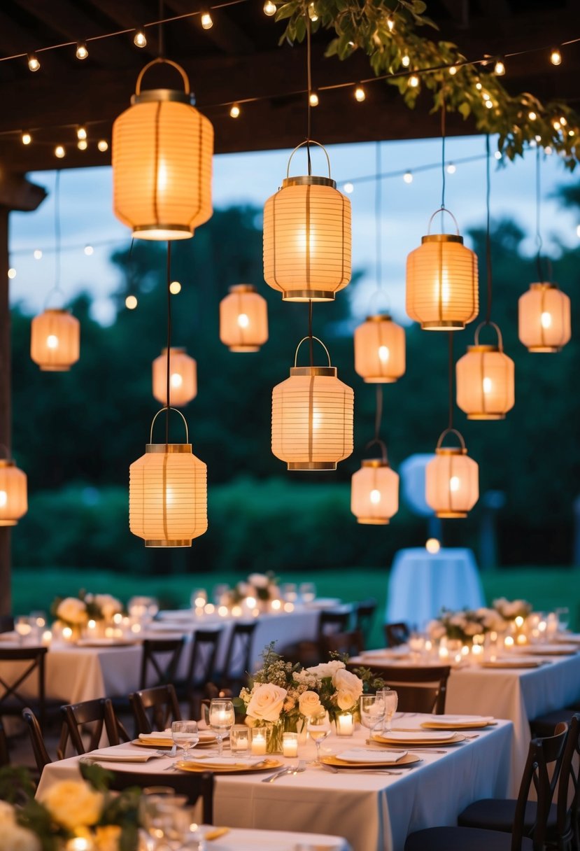 Hanging lanterns cast warm light over an outdoor wedding reception, illuminating tables and creating a romantic ambiance