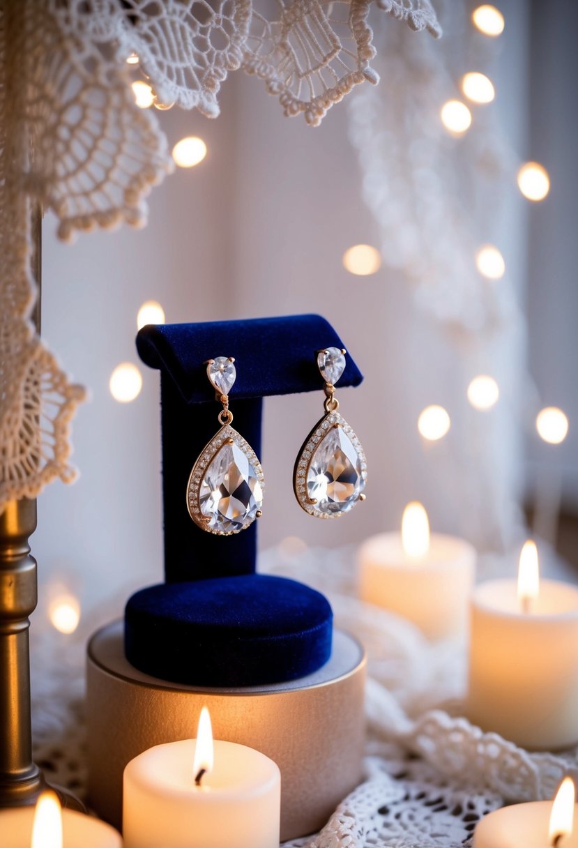 A pair of Swarovski teardrop earrings dangle from a velvet display, surrounded by soft candlelight and delicate lace