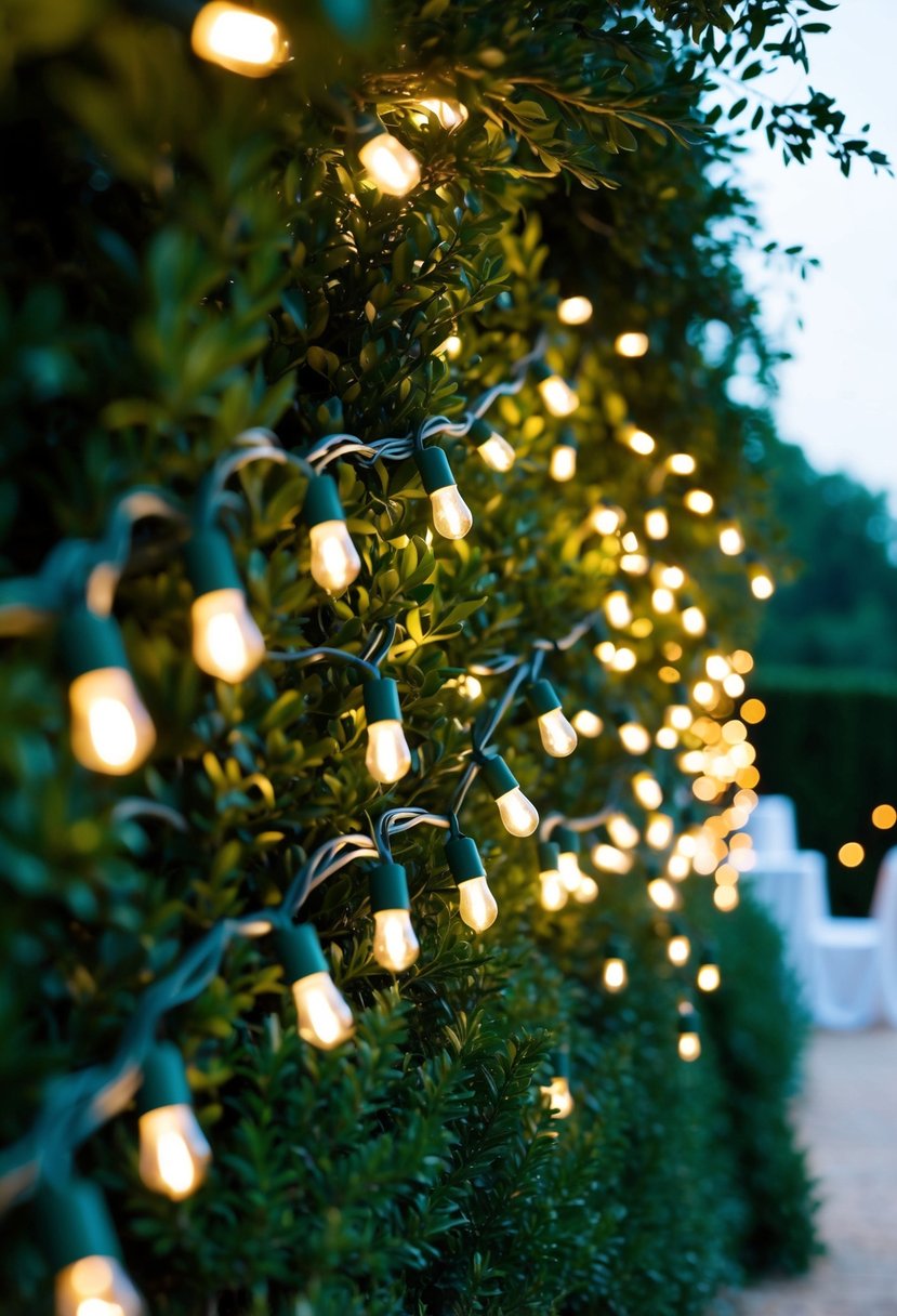 Fairy lights twinkle among lush greenery, casting a warm glow over an outdoor wedding reception