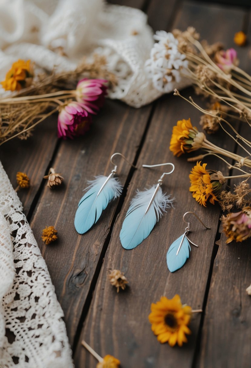 A rustic wooden table with scattered bohemian feather drop earrings, surrounded by dried flowers and vintage lace fabric