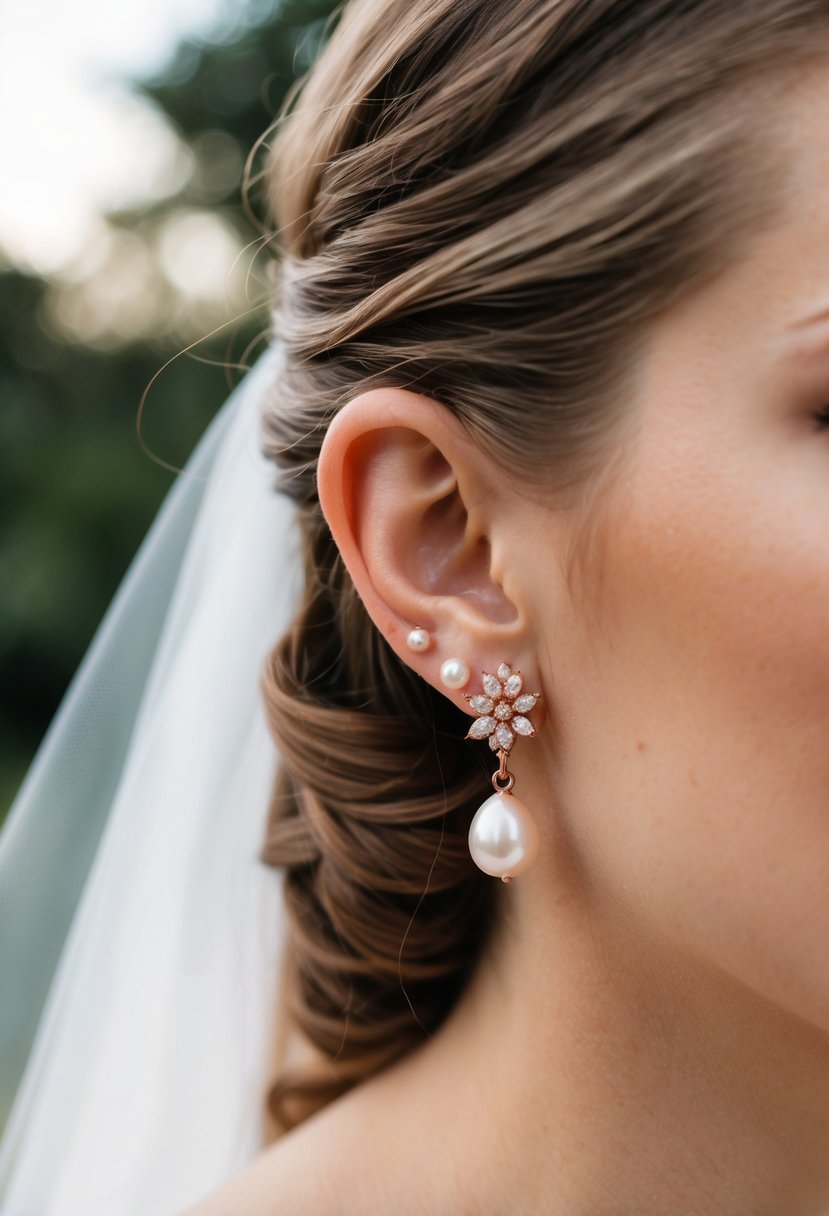 A bride's delicate ear adorned with rose gold pearl drop earrings