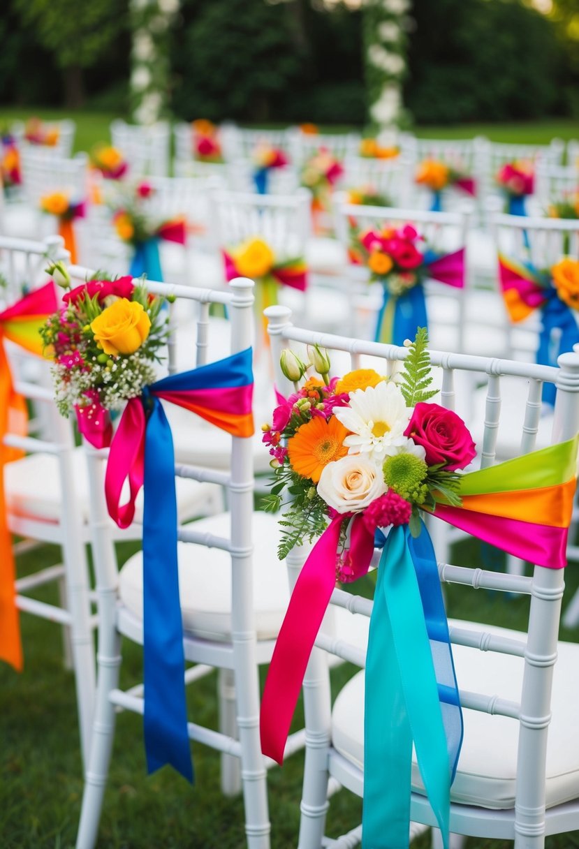 Chairs adorned with colorful ribbons and fresh flowers for wedding decor