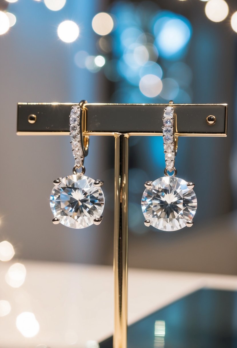 A sparkling pair of cubic zirconia solitaire drop earrings dangle from a display stand, catching the light and casting shimmering reflections around the room