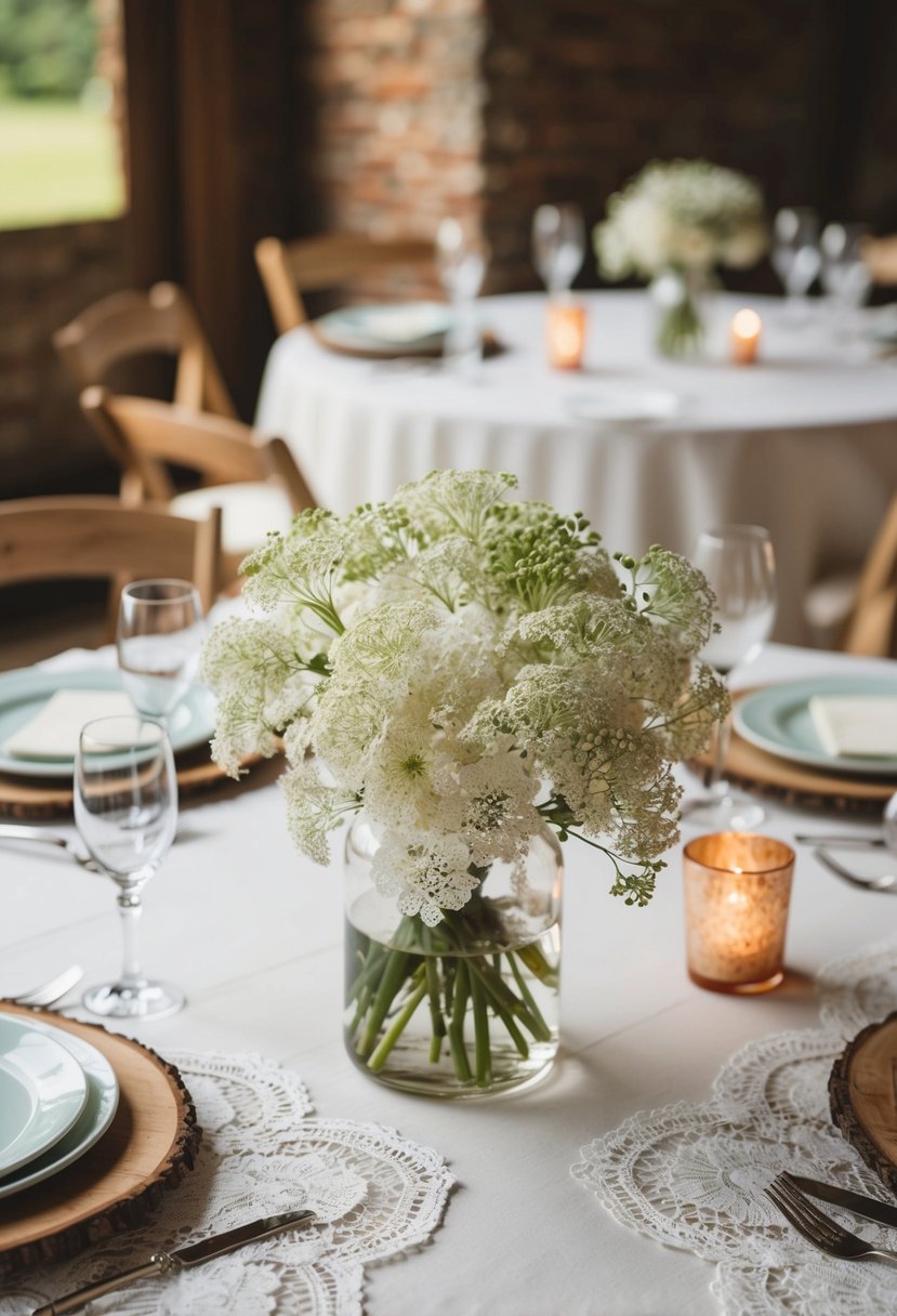 Queen Anne's Lace adorns rustic wedding tables with delicate elegance