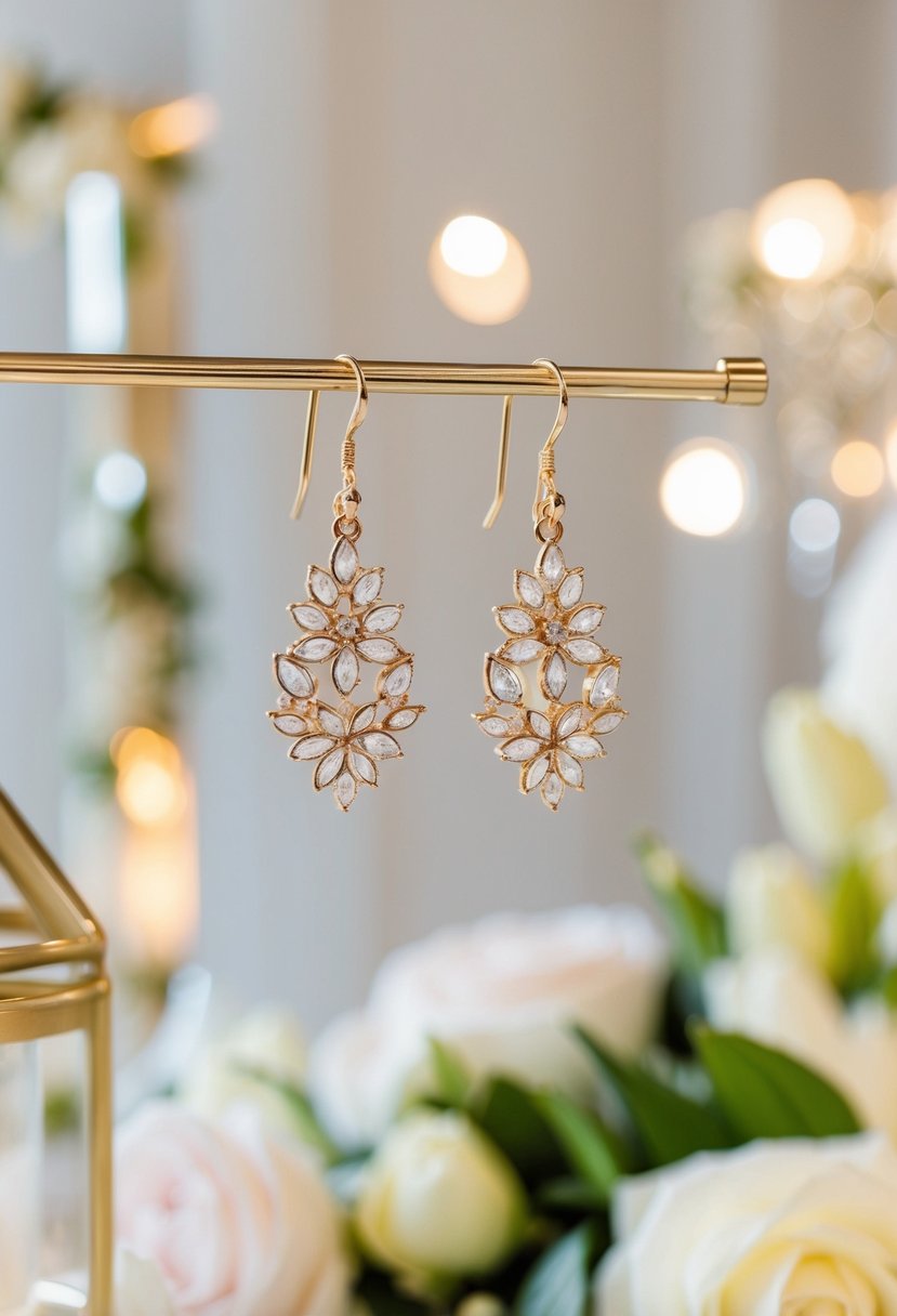 A pair of delicate floral motif drop earrings hanging from a display, surrounded by soft lighting and elegant wedding decor