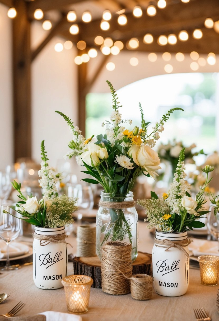 A table adorned with repurposed household items like mason jars, twine, and fresh flowers arranged in a rustic and elegant wedding centerpiece