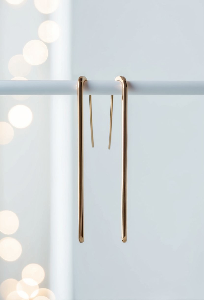 A sleek, minimalist pair of drop earrings hanging against a clean, white background with soft lighting