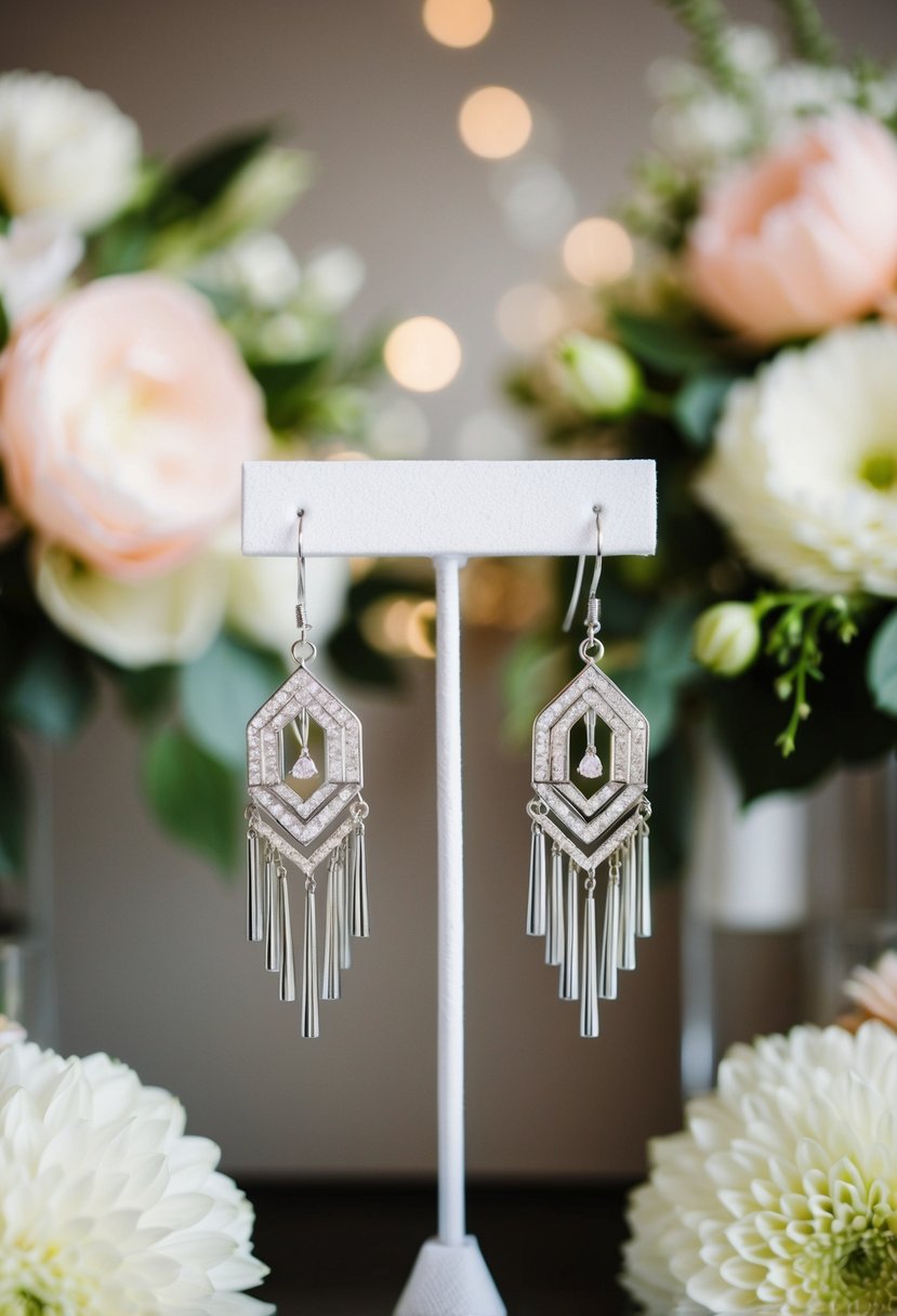 A pair of Art Deco style drop earrings hanging from a display stand, surrounded by elegant wedding decor and flowers