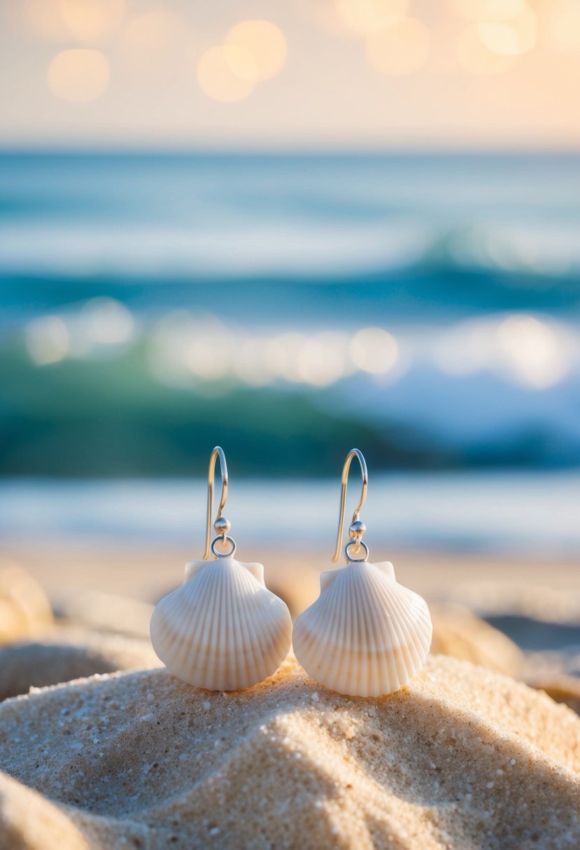 A pair of delicate shell drop earrings resting on a sandy beach with gentle waves in the background