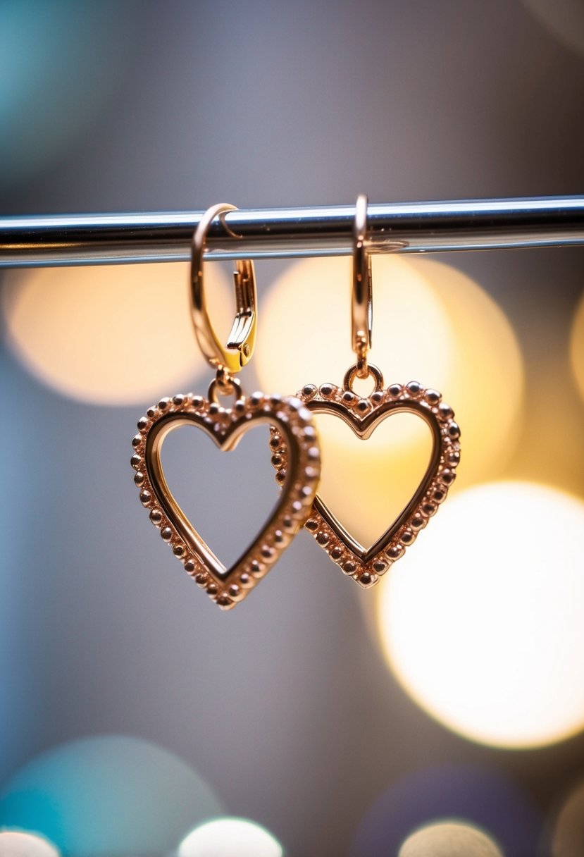 A pair of delicate heart-shaped earrings dangle from a display, catching the light and casting a soft, romantic glow