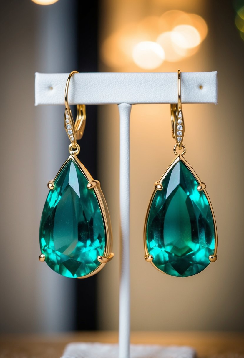 A pair of green emerald drop earrings hanging from a display stand, with soft lighting highlighting their elegant design