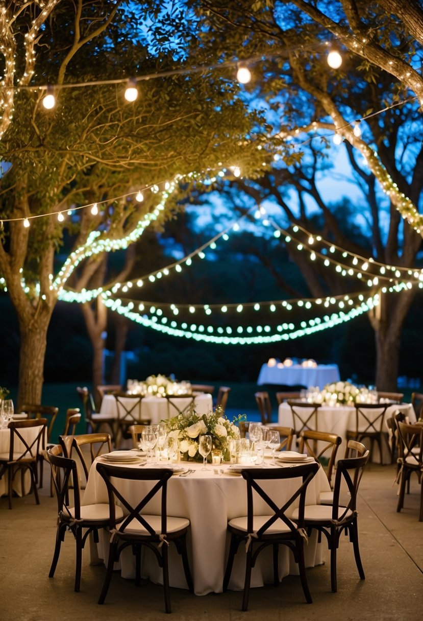 A cozy outdoor wedding reception with twinkling fairy lights hanging from the trees, illuminating the dining area and dance floor