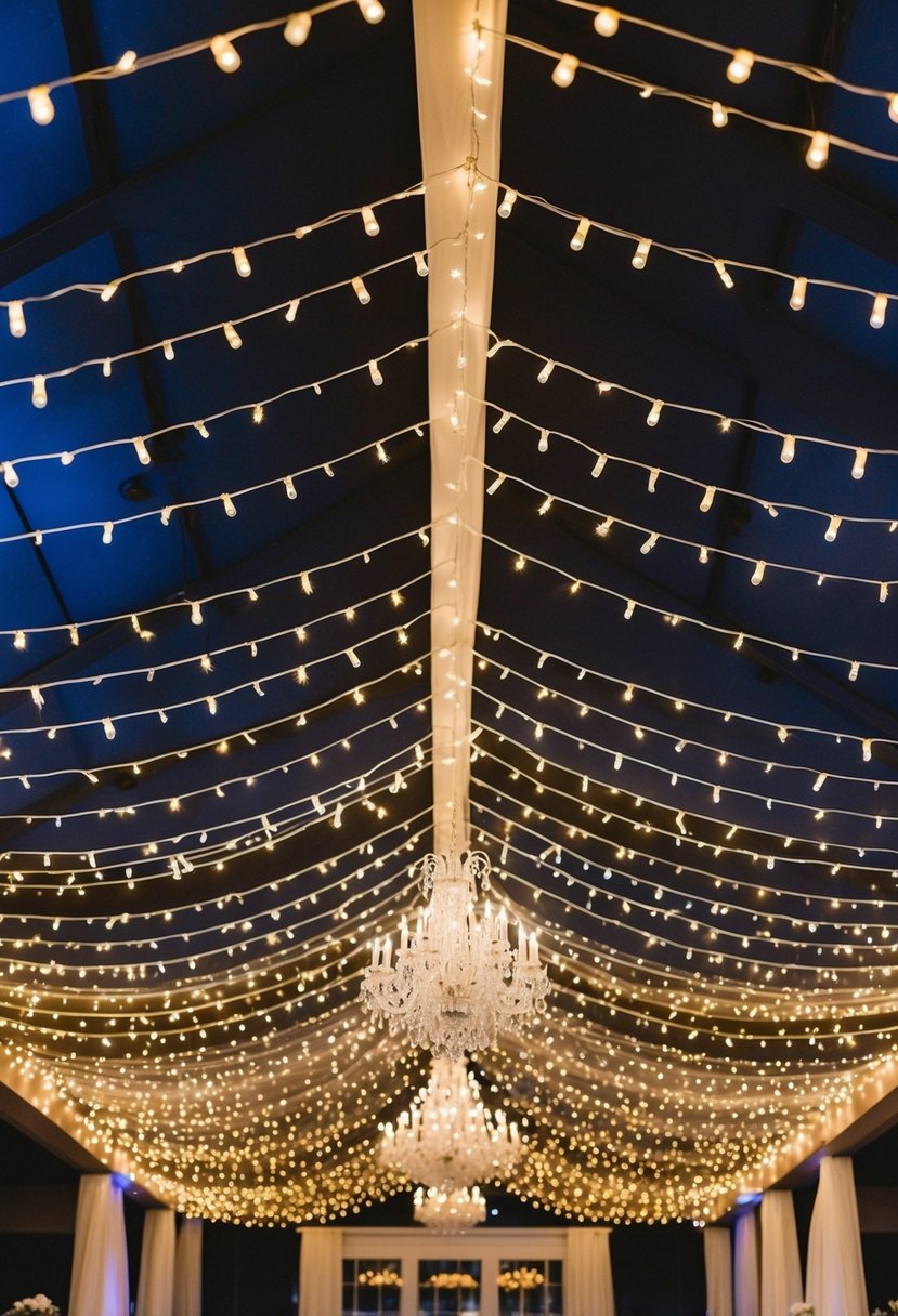 A ceiling canopy adorned with twinkling fairy lights creates a dreamy ambiance for a wedding reception