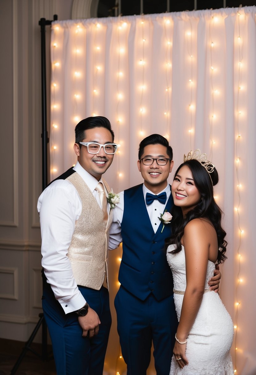 A photo booth with a fairy light backdrop at a wedding reception