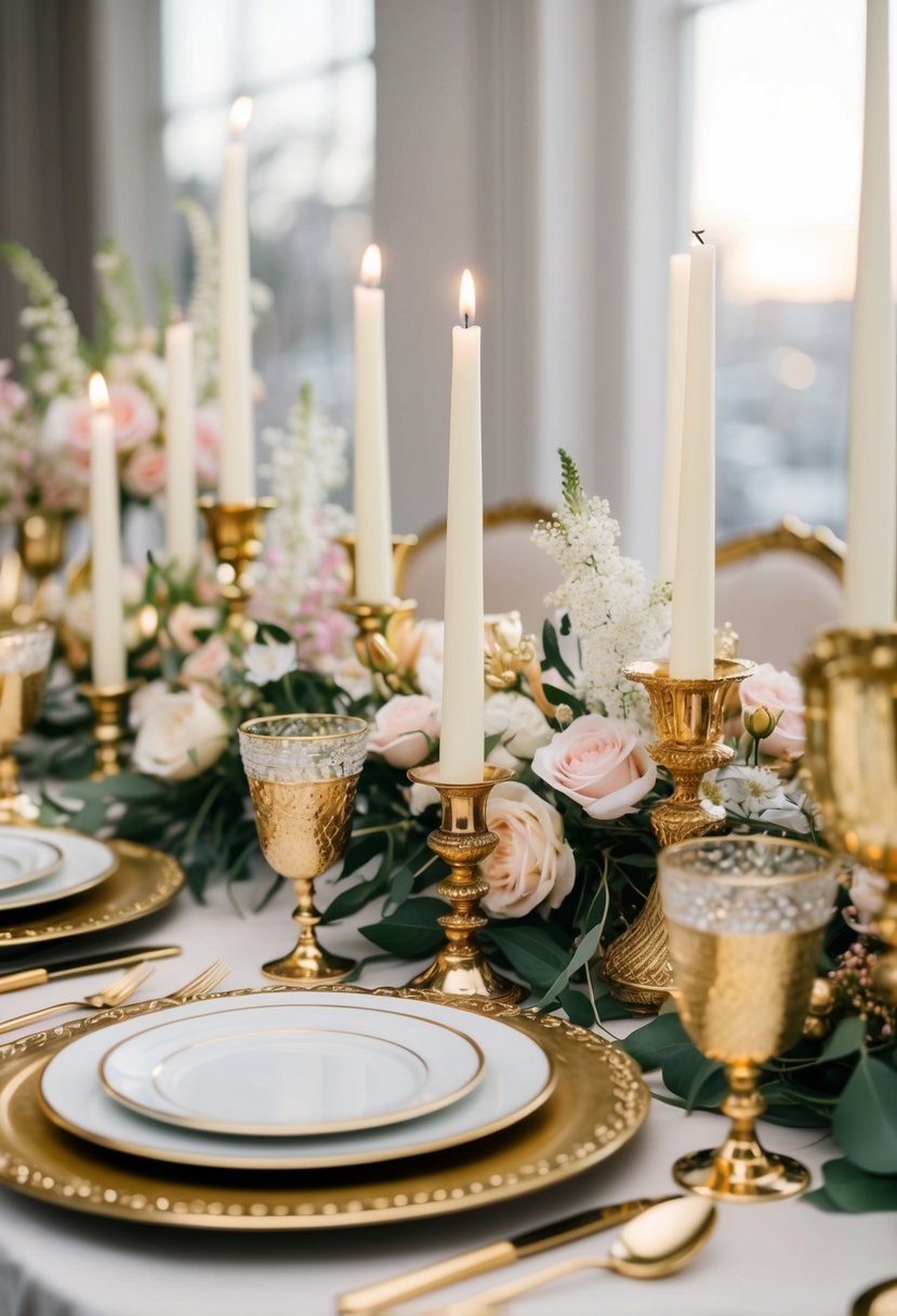 An ornate table adorned with gold candleholders, delicate floral arrangements, and shimmering tableware