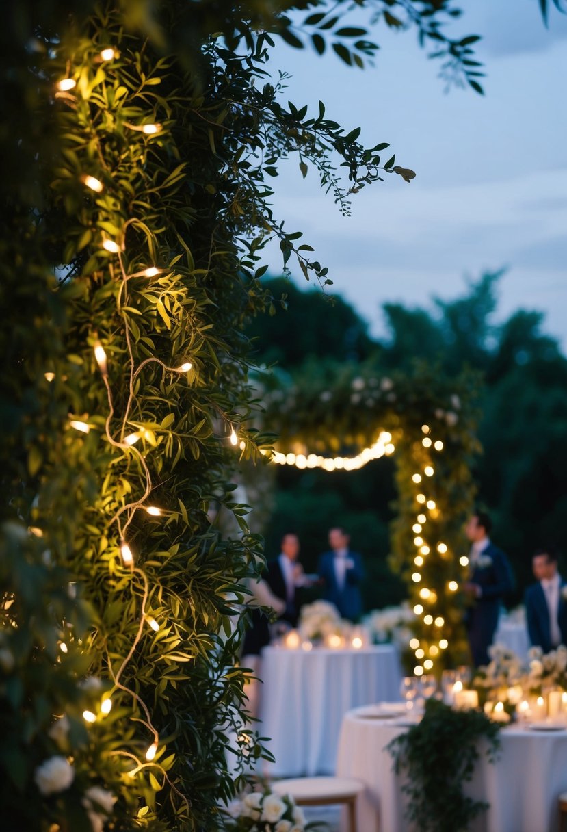 Fairy lights twine through lush greenery, illuminating a wedding reception with a warm and magical glow