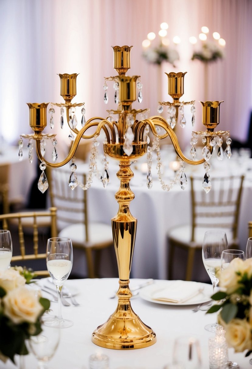 A gold candelabra adorned with sparkling crystal accents sits as an elegant centerpiece on a wedding table