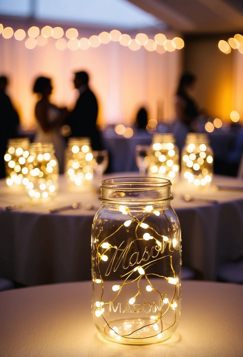 Mason jars filled with LED fairy lights, illuminating a romantic wedding reception