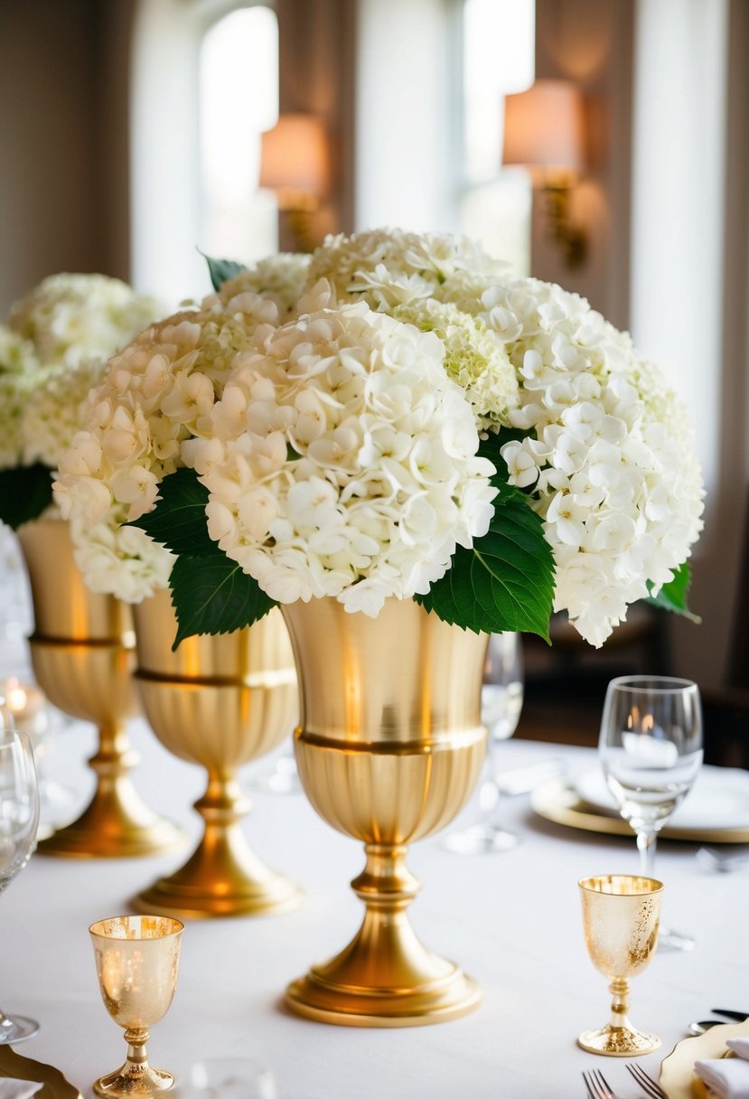 Elegant gold vases hold white hydrangeas, creating a luxurious wedding table centerpiece